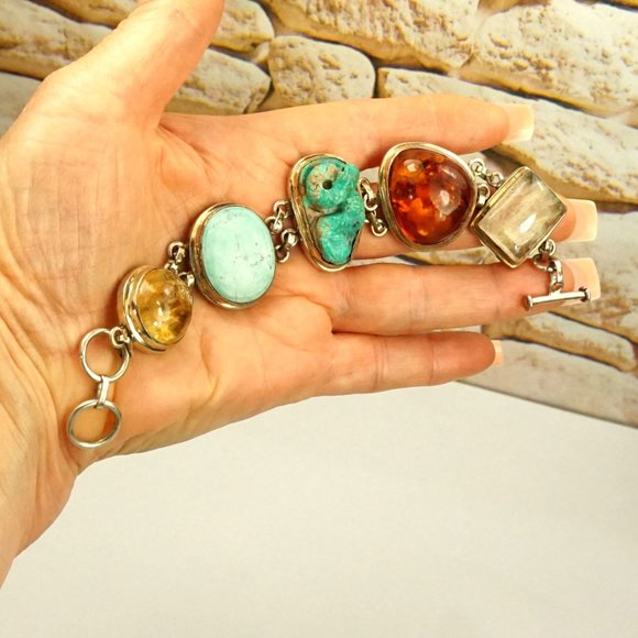 MULTI GEM HEAVY LINK BRACELET WITH TURQUOISE SNAKE, Very rare to find - Picture 3 of 11